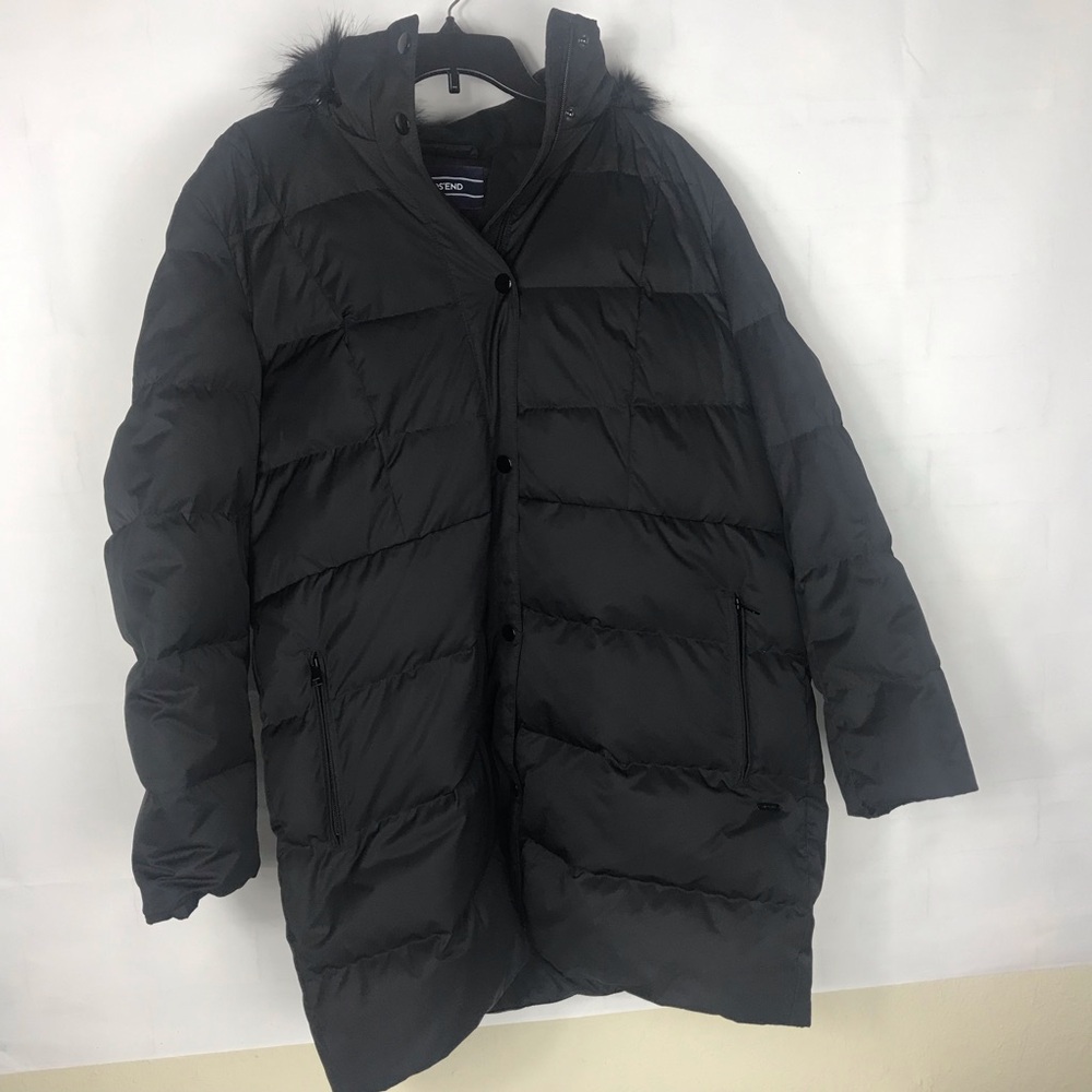 Womens:Lands End - 1x- Black Puffer Coat with Hood DOWN full zip with snaps